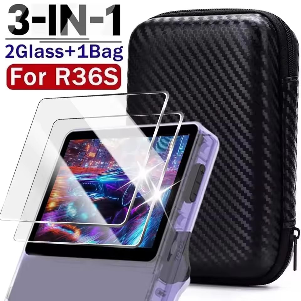 3 in 1 Carrying Storage Case With Tempered Glass Screen Protectors For R36S Game Console 4 in 1 (3 Glass + Carbon Case)