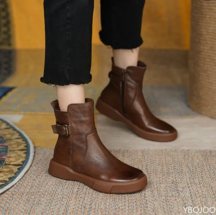 Winter Womens Shoes Retro Leather Ankle Boots Casual Platform Boots For Autumn Female Flat Short Boots black 42