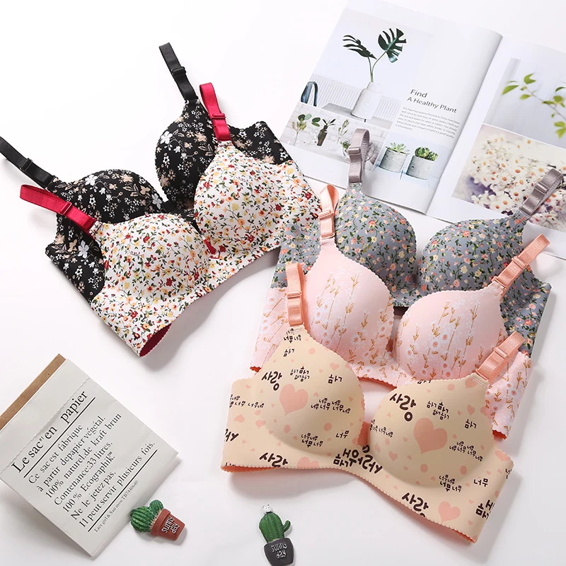 Women Flower Print Seamless Bra, Sexy Lingerie Floral Push Up, One Piece Underwear puningpink 36 c