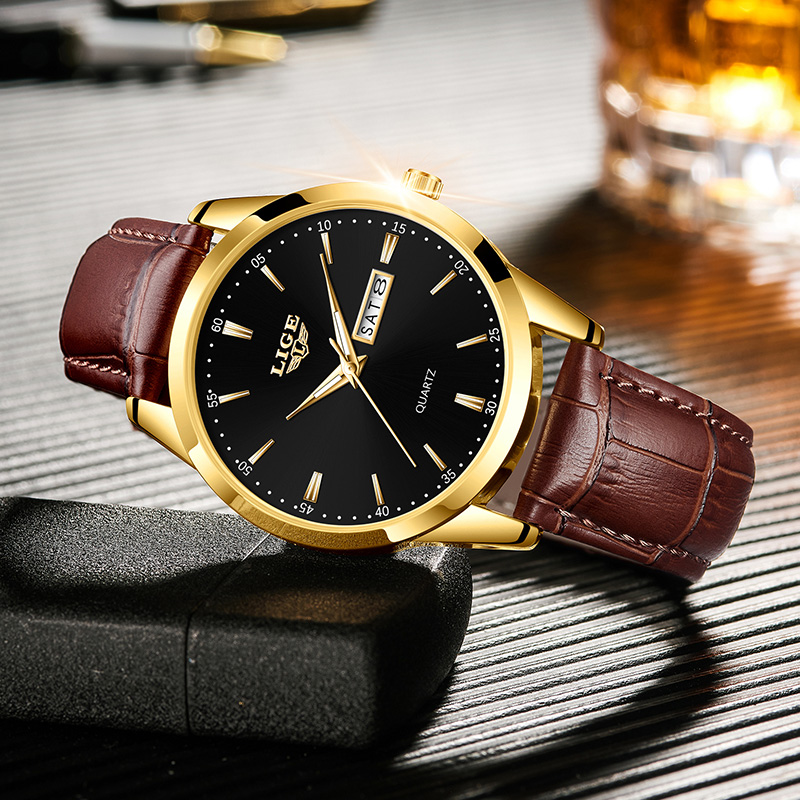 Leather Men's Quartz Wristwatch, Business Man Watch Waterproof Luminous, Auto Date Week Men Watches For Fashion black Gold
