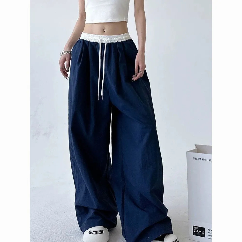 High Street Women's Wide Leg Pants, Drawstring Cargo Pants, Hip Hop Lady's Summer Trousers, Stylish Female Trousers black m