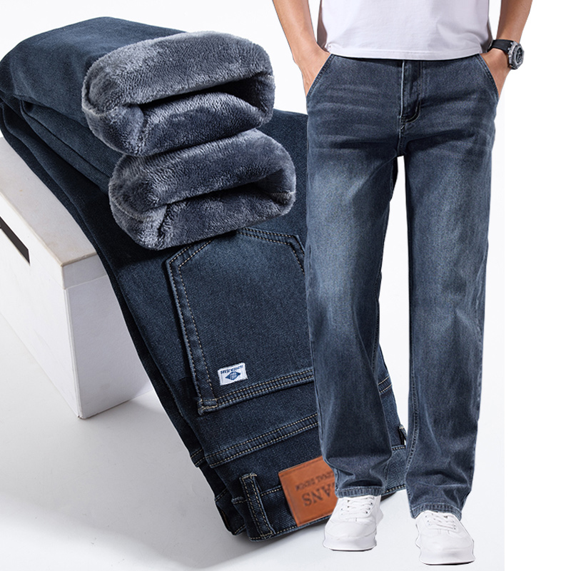 Stretchable Men Winter Fleece Lined Jeans, Lightweight Business Casual Trousers For Office & Everyday Use blue 30