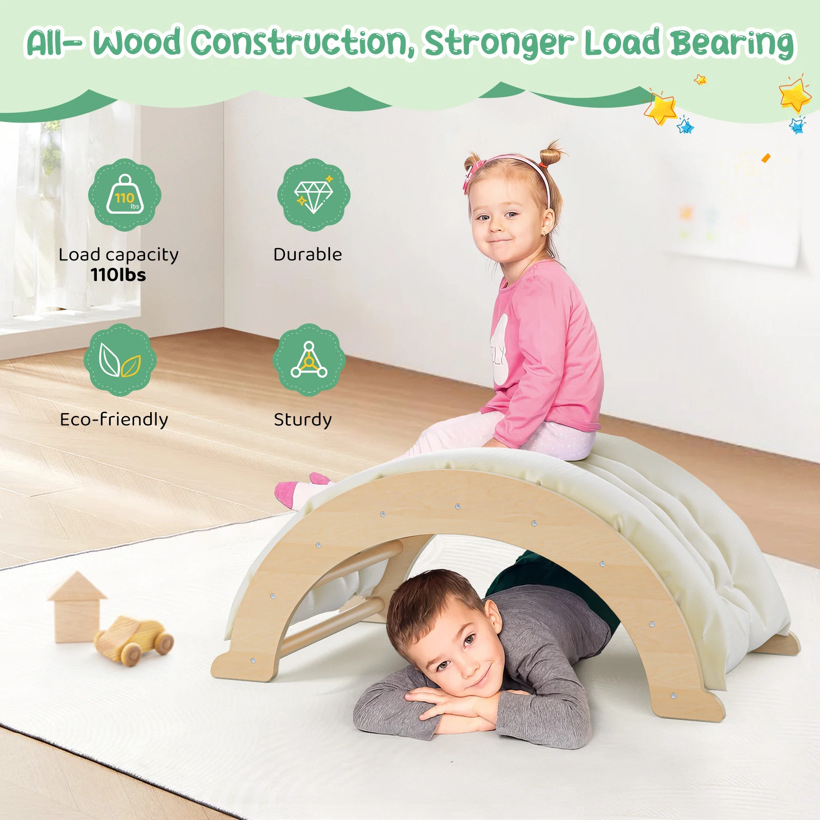 Ponte da arrampicata/arco in legno con cuscino per i più piccoli, struttura da arrampicata Montessori, giochi da palestra per parco giochi al coperto per bambini