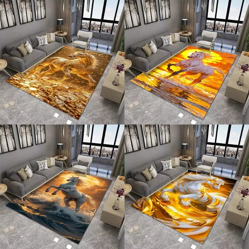 Golden Horse-Druck, großer Teppich, rutschfest, verschleißfest, für Wohnzimmer, Schlafzimmer, weiche Bodenmatte, Heimdekoration, modisch Image