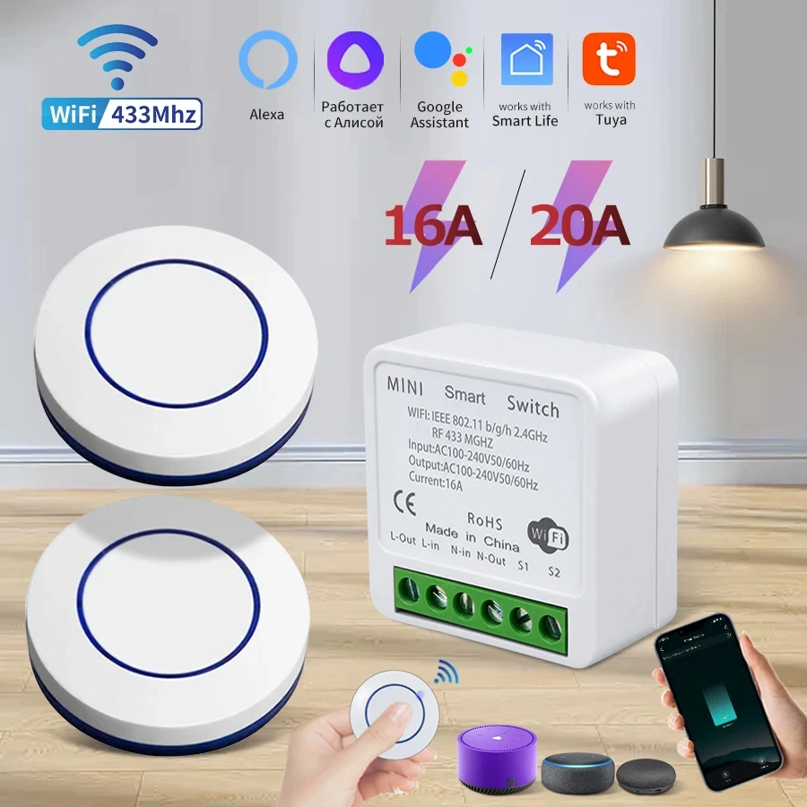 16A Tuya WiFi Smart Switch RF 433Mhz Drahtlose Relais Empfänger Mini Runde Panel Schalter Alexa Google Home Alice sprachsteuerung Image