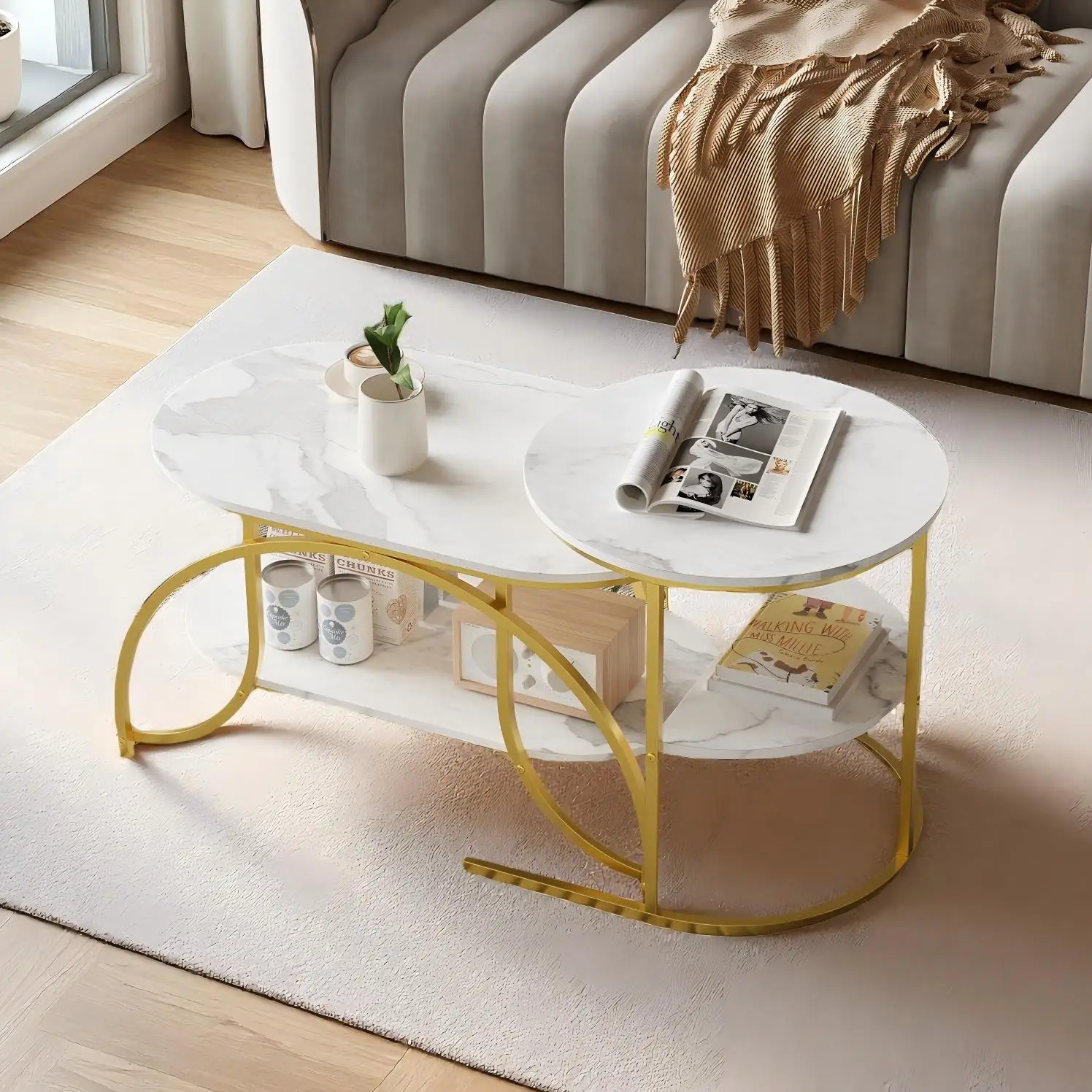 Rosahqnda Couchtisch Wohnzimmer Beistelltisch Sofatisch mit Trennwand, Tischregale aus Eisen, Weiß, Schwarz, Gold