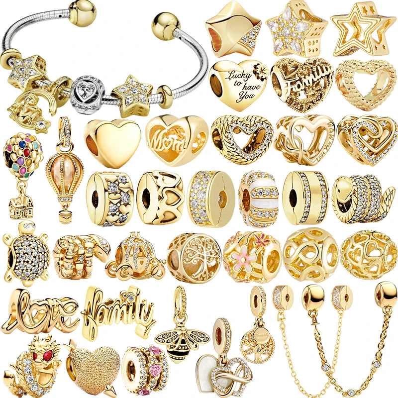 Heiße funkelnde vergoldete Stammbaum Stern Herz Sicherheitskette Clip Charm Perlen passen Original Silber Armband DIY Schmuck Geschenke Image