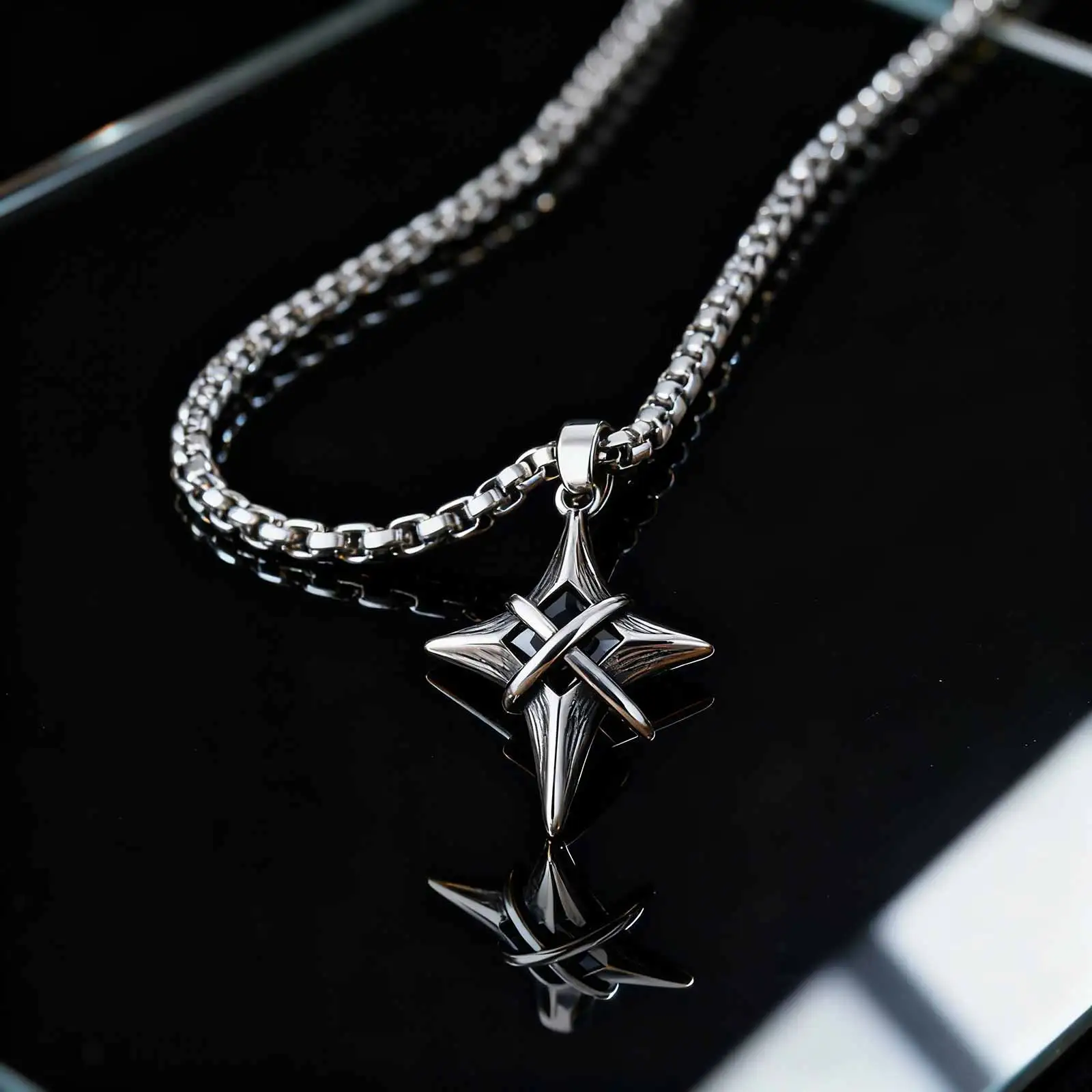 Minimalistische Mode Schwarz Zirkon Stern Kreuz Anhänger Edelstahl Halskette für Männer, Punk Hip Hop Schmuck Geschenke
