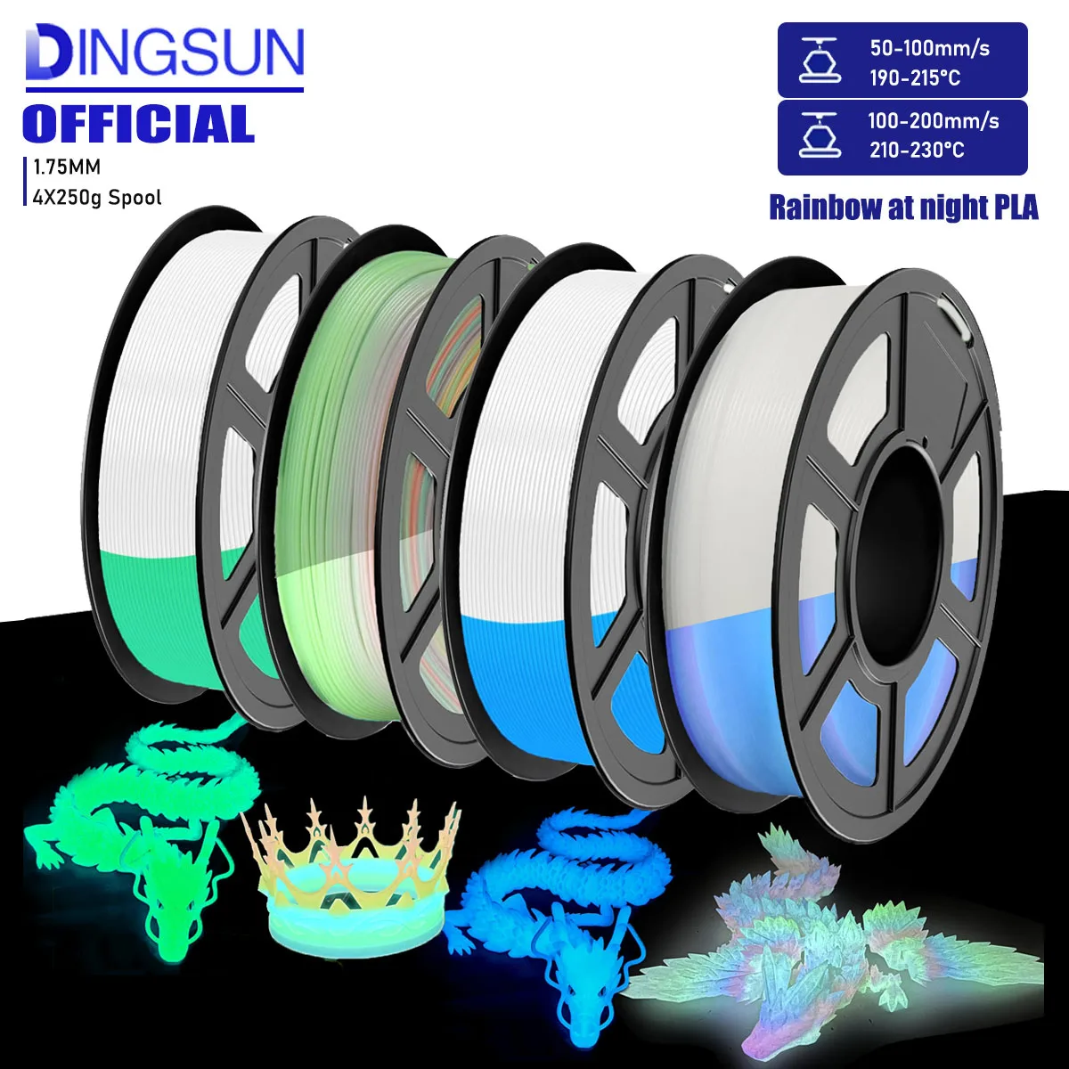 Luminous Series: Luminous Rainbow 3D-Druck-Verbrauchsmaterialien, beleuchtete PLA-Verbrauchsmaterialien, 1,75 mm, geeignet für die meisten FDM-Drucker Image