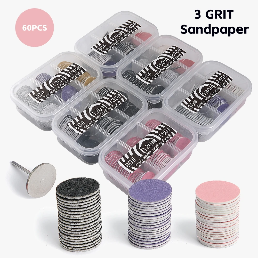 60 Stück Schleifpapier mit 1 Stück Metallscheibe, 25 mm Pediküre-Scheibe, Ersatz-Schleifscheiben, Bits für Nagelbohrer-Fußfeilen Image