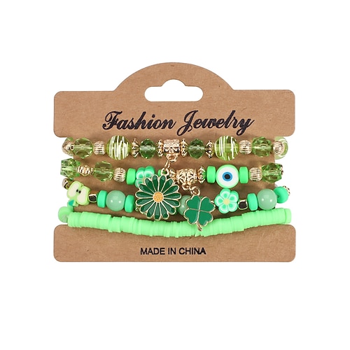 set di braccialetti da donna per il giorno di San Patrizio, braccialetti impilabili con perline verdi multifilo, stili portafortuna a forma di trifoglio, materiali in lega e cristallo sintetico, gioielli da festa irlandesi per donna