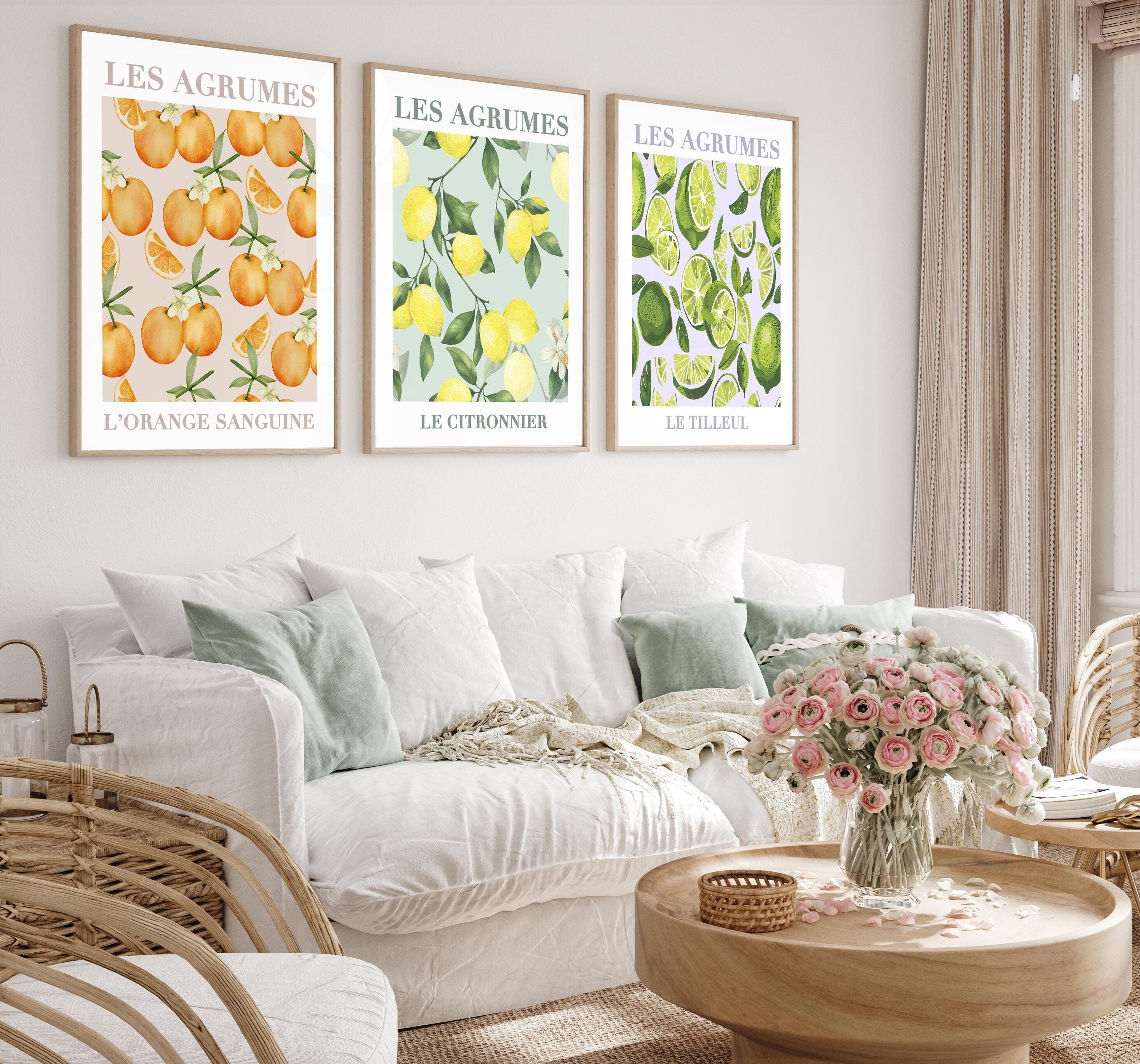 Set di 3 stampe artistiche di frutta francese, decorazioni murali con frutta, stampe di agrumi, decorazioni murali per la cucina, stampe di limoni, st