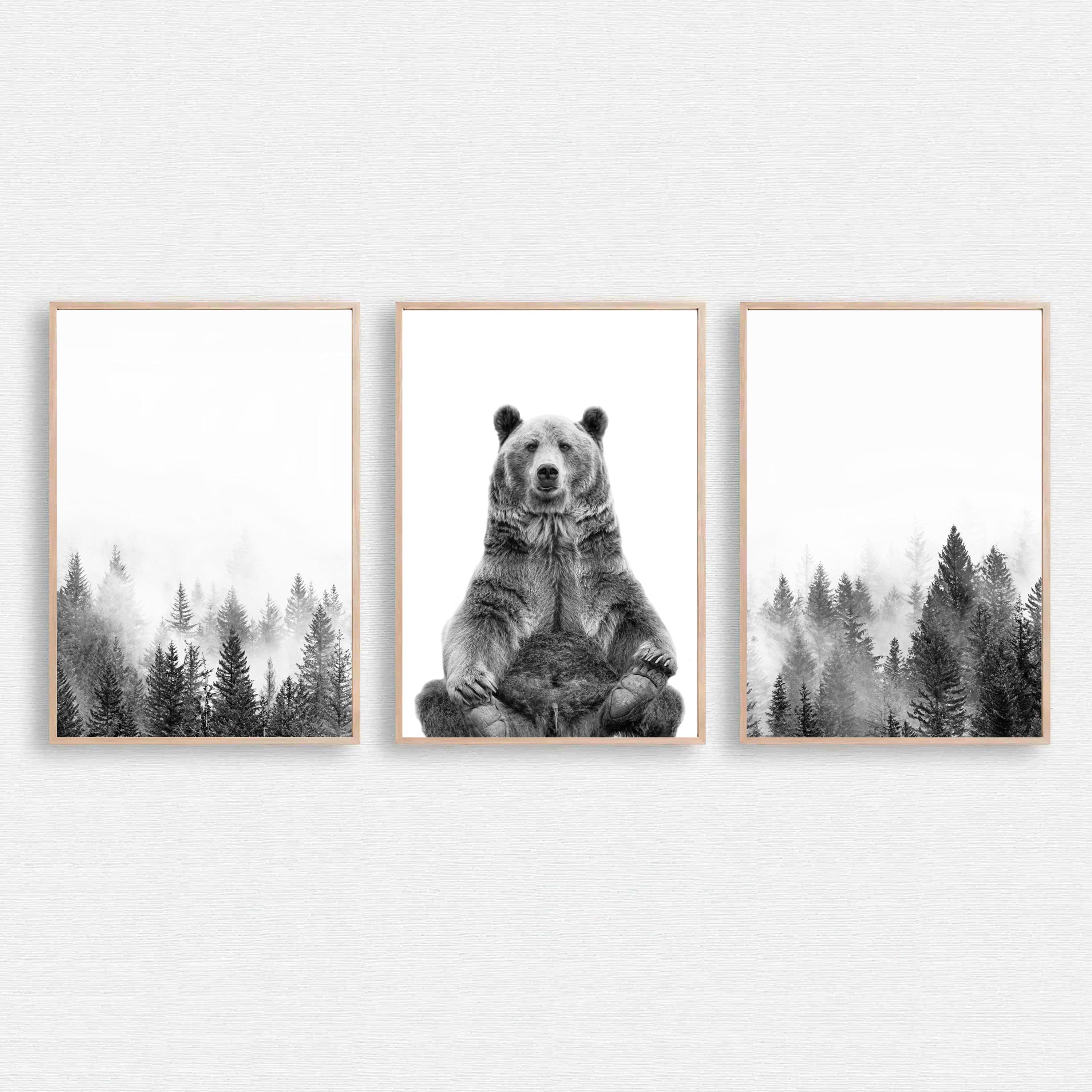 Bear 3 Piece Wall Art, Bear Print, Triptych, Woodland Wall Art, Grizzly Bear Photo, Foggy Forest Print, Nature Framed Print Set, Bear Poster