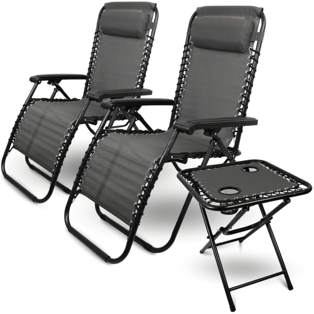 DELUKE 2er Set Liegestuhl Klappbar BRUK - Mit Klapptisch | Gartenstühle Hochlehner mit Kopfkissen Campingstuhl Wetterfest Klappstuhl, Anthrazit Image