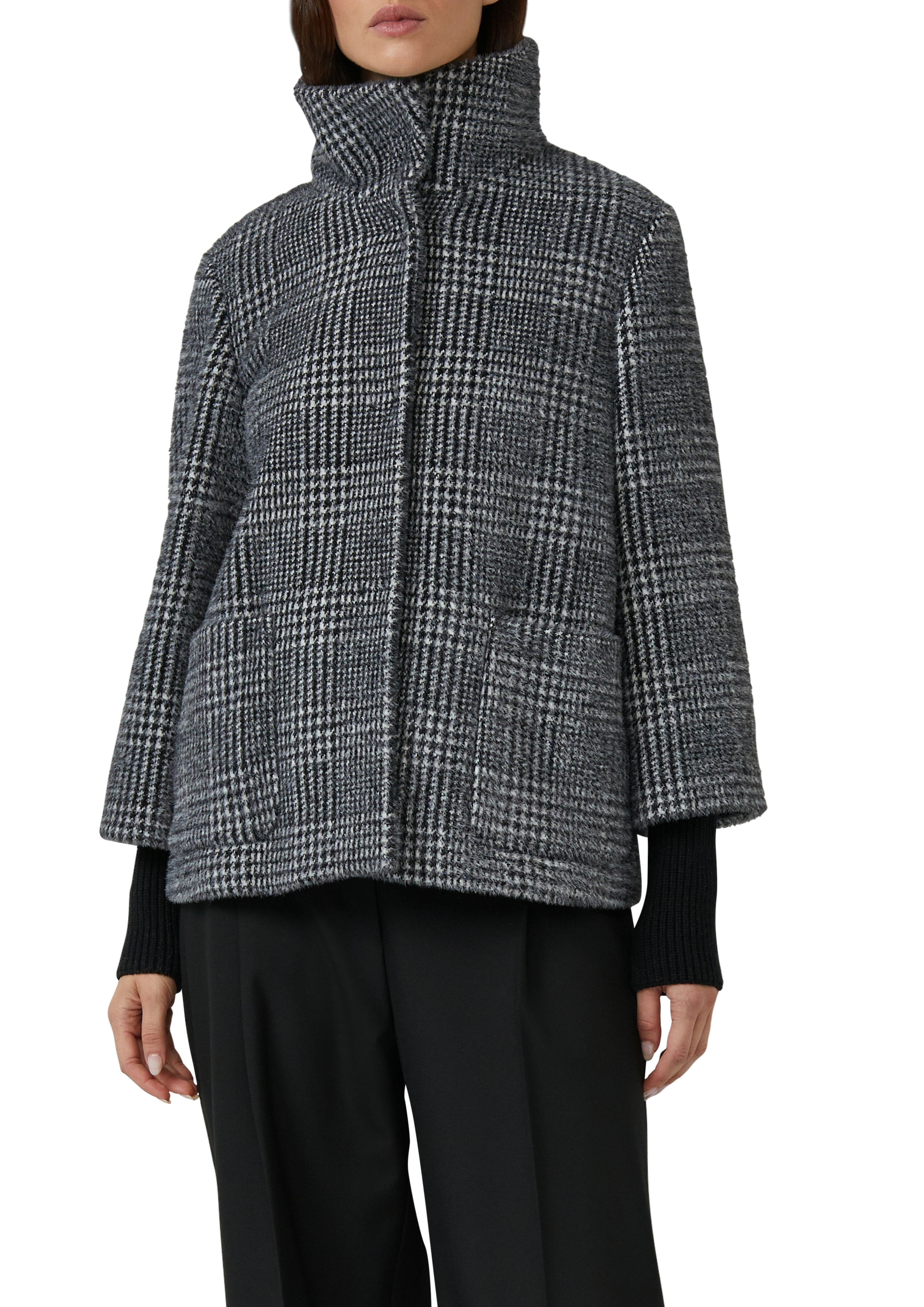 Outdoorjacke S.OLIVER BLACK LABEL, Damen, Gr. 44, schwarz (grau, schwarz karo), Web, Obermaterial: 63% Polyamid, 37% Polyester. Futter: 100% Polyester, kariert, lässig geschnitten hüftbedeckend, Rundhals, Flachstrickbündchen, Jacken Outdoorjacke,...