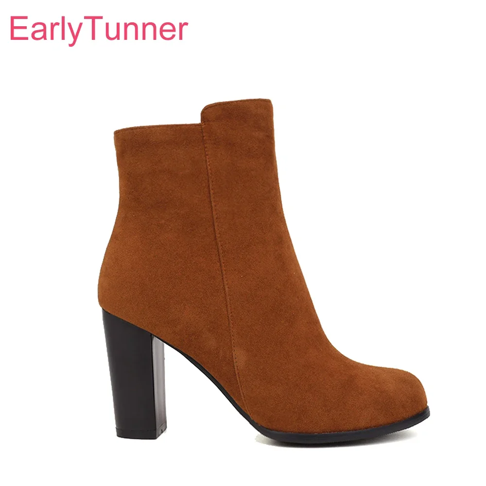 Neue Winter Reife Braun Weinrot Frauen Stiefeletten Heiße Runde Kappe High Heels Dame Party Schuhe Plus Große Größe 11 43 47