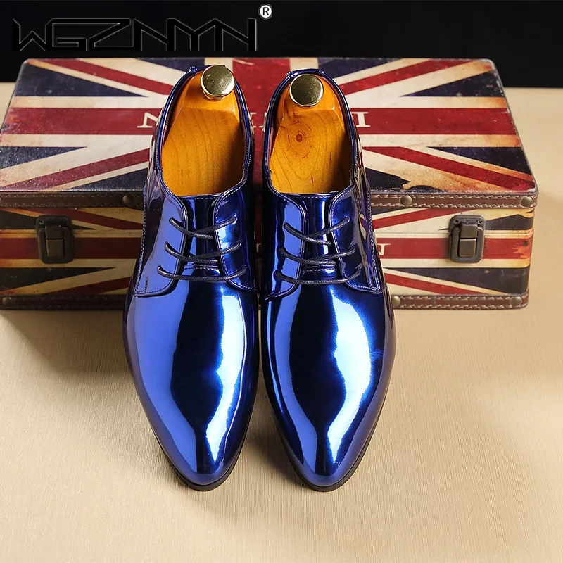 Luxus Mode Trend Patent Leder Männer Hochzeit Schuhe Gold Blau Rot Oxfords Schuhe Designer Spitz Kleid Schuh Große Größe 37-48