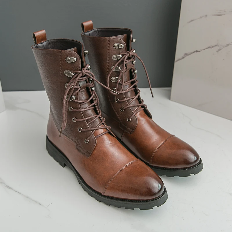 Herbst Und Winter Cowboy Stiefel Mann Vintage Braun Hohe Stiefel Männer Outdoor Lace up Motorrad Schuhe Männer Leder Boot Große Größe 48