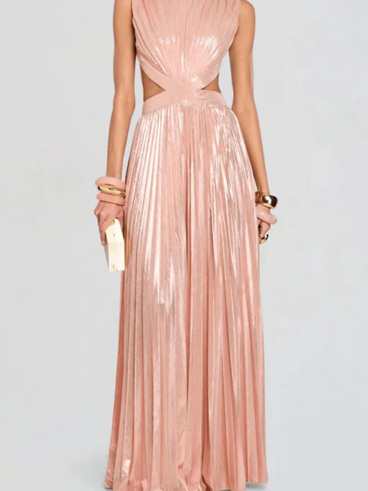 Abito da sera scollato alla moda con scollo a O Abito lungo casual senza maniche in tinta unita da donna Elegante abito da festa sottile in vita senza schienale