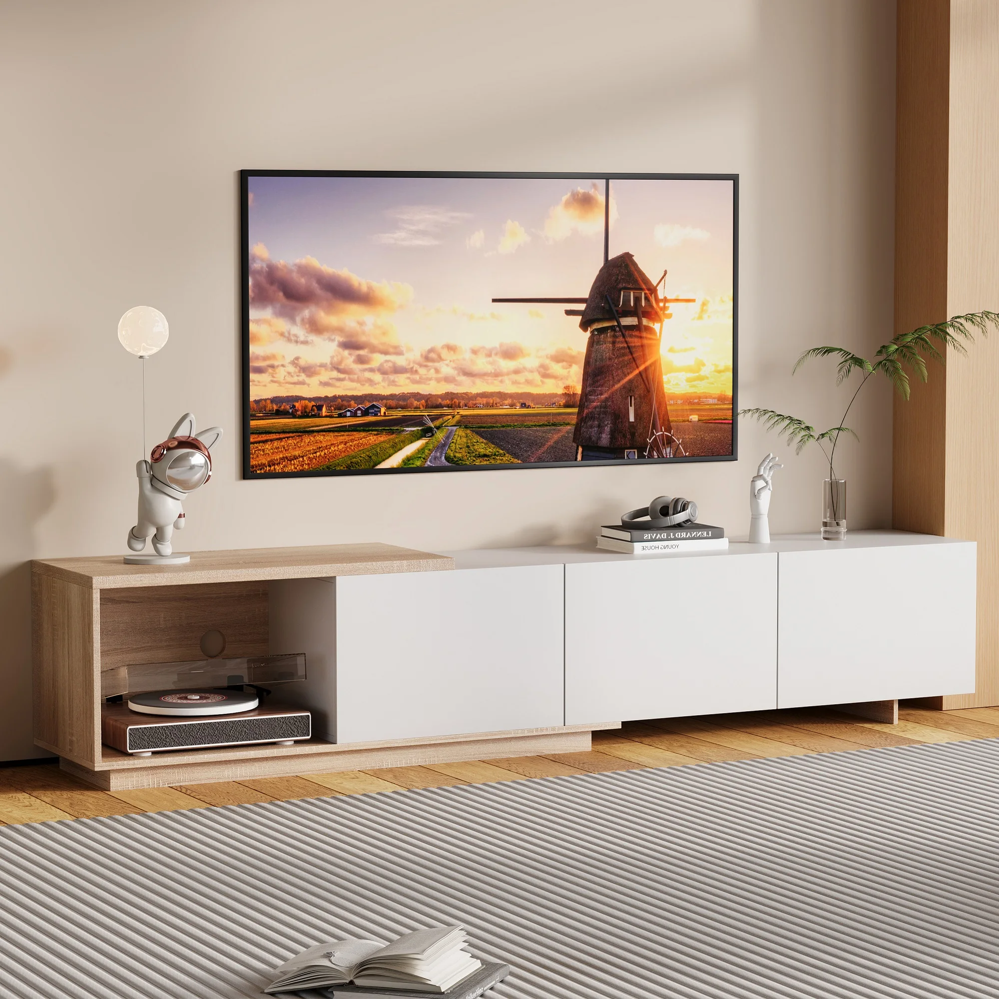 Rosahqnda Meuble TV moderne avec LED, table TV avec 3 tiroirs, meuble bas TV, meuble de rangement TV pour salon aspect bois, 240x38x44 cm