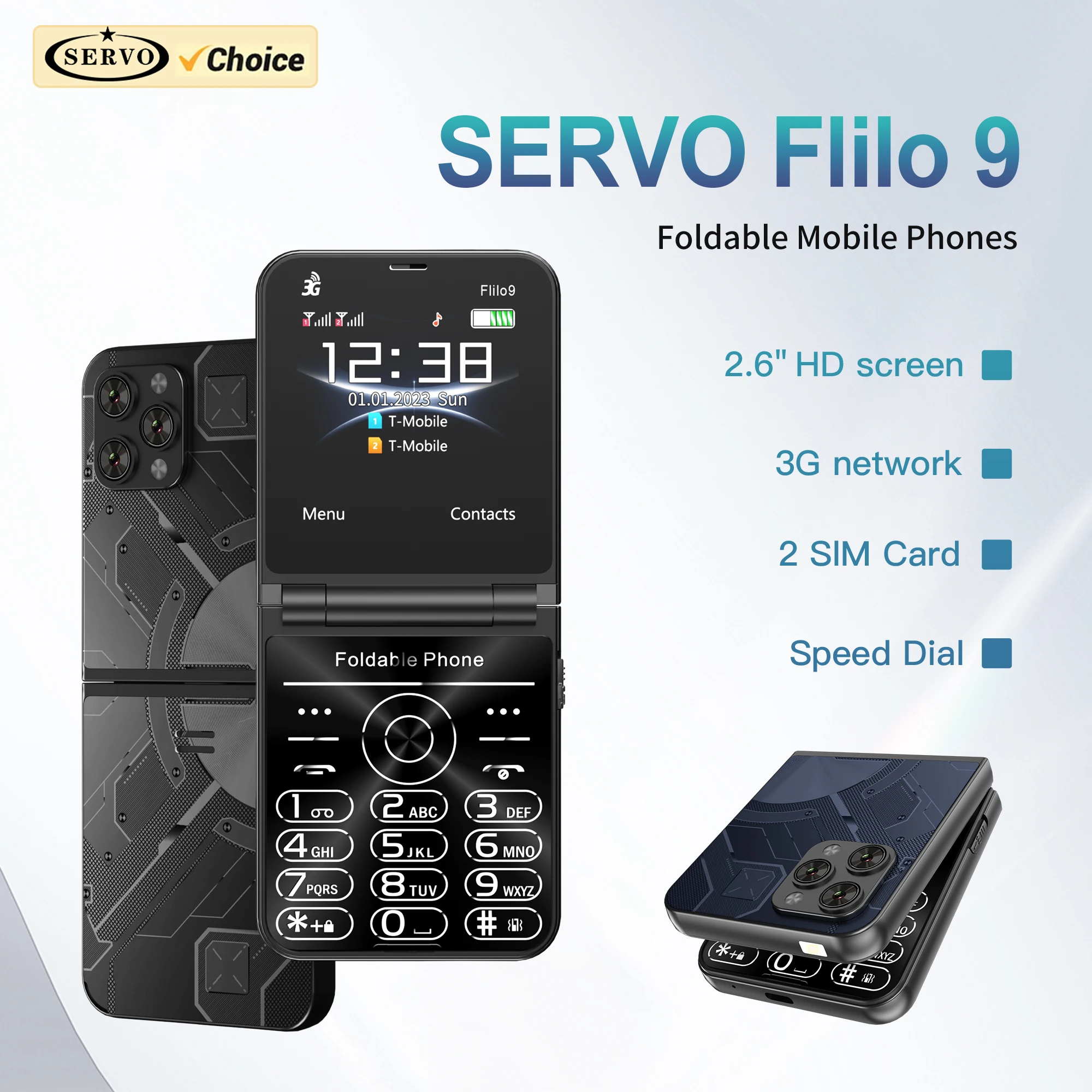 SERVO Flilo9 faltbares Mobiltelefon 3G WCDMA 2 SIM Standby Speed Dial Anrufaufzeichnung Blacklist FM Radio Flip Button Mobiltelefone Image