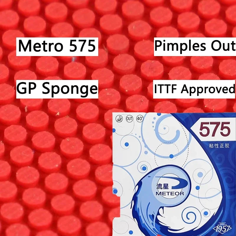 Meteor 575 Tischtennis-Gummiplatte, klebrige Noppen, Ping-Pong-Gummiplatte mit 2 mm weißem GP-Schwamm, innere Energie ITTF Image