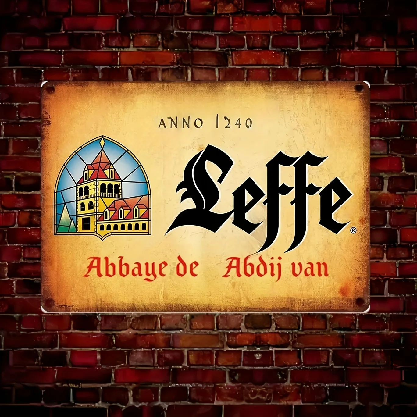 Vintage Leffe Abbey Metallschild – Eisen-Wandkunst mit Gothic-Skript und farbenfroher Illustration, perfekt für Heim- oder Bar-Dekoration, Geschenk Image