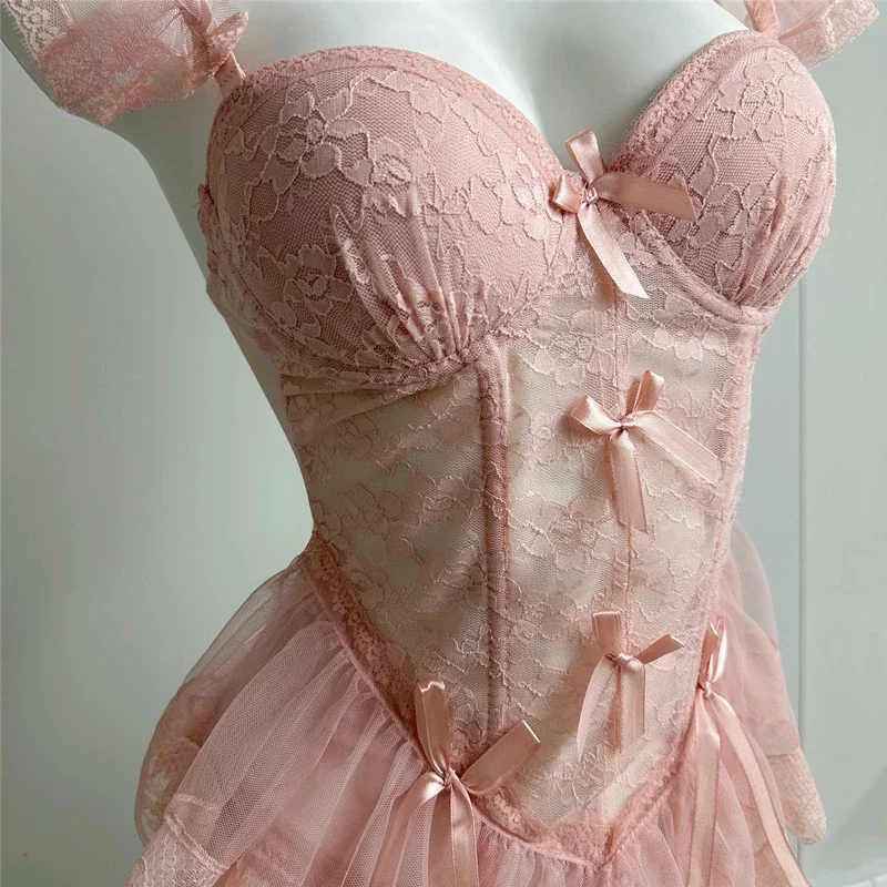 Sexy Korsett-Oberteile mit Höschen, sexy Dessous, reines Verlangen, schlanke Taille, Spitze, Netzstoff, Fishbone-BH, Lolita-Dessous-Set, schwarzes Bustier CHJ635