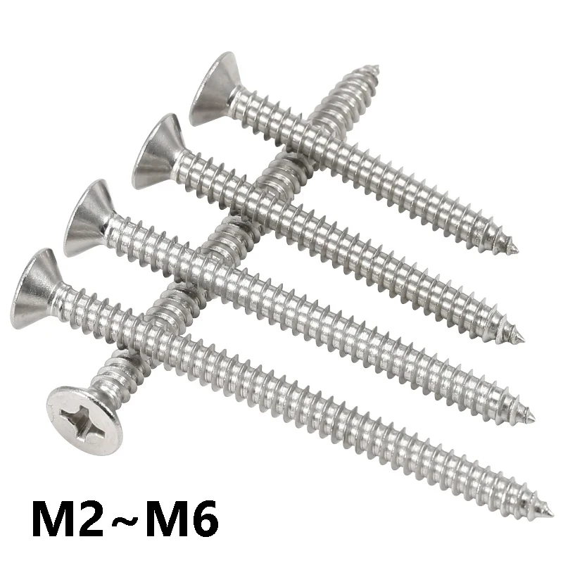 M2 M2,2 M2,6 M3 M3,5 M4 M5 M6 Selbstschneidende Schrauben mit flachem Senkkopf aus Edelstahl 316, Kreuzschlitz-Flachholzschrauben Image