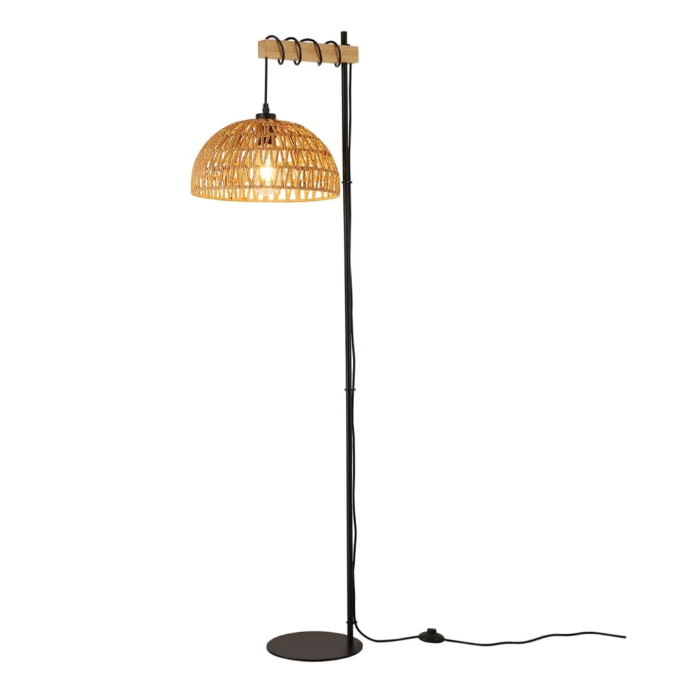 Lampadaire en bois avec abat-jour en corde beige, E27, H158 cm