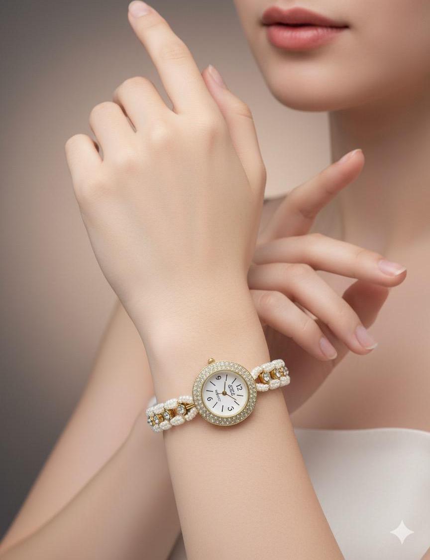 Elegante orologio da donna con catena Kundan e perline di perle di design/regalo di gioielli di ispirazione vintage/orologio da polso con gioielli da