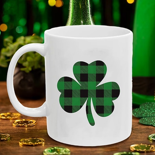St. Patrick's Day Tasse, 350 ml, kariert, Kleeblatt-Motiv, irische Keramik, passende Tassen, Partybecher für Zuhause, Schule, Büro, Tischdekoration, Einzugsgeschenk Image