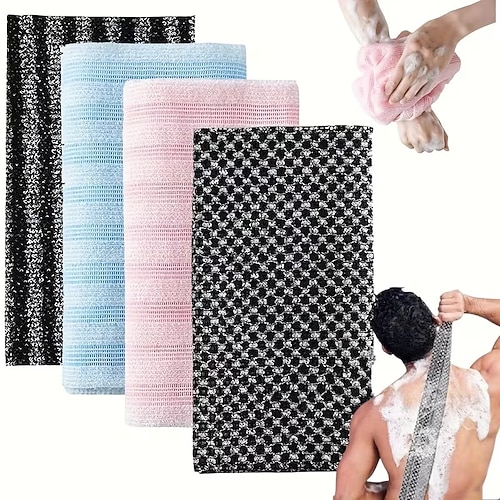 4 extra lange, doppelseitige Badetücher mit Peelingfunktion aus Polyester-Mischgewebe mit Streifenmuster. Handwäsche oder professionelle Trockenreinigung empfohlen. Image