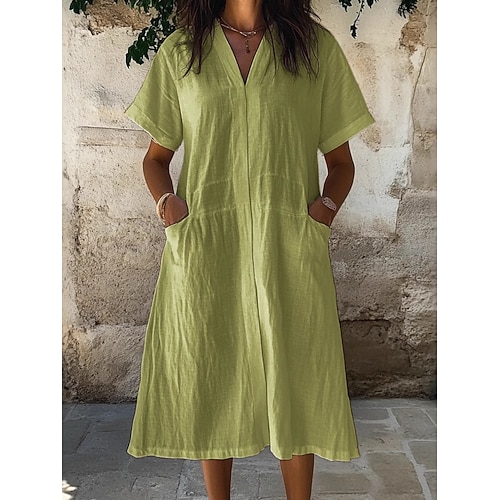 Damen Baumwolle Leinen Midi Kleid Shift Kleid Sommer Kleid Lässiges tägliches lockeres Fit Unifarben Kurzarm V-Ausschnitt Blau Weiß Lila Grün Sommer Frühling Image