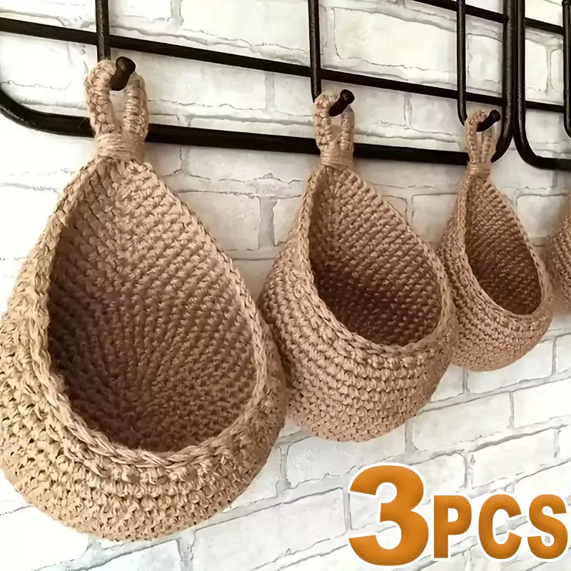 Handgewebter hängender Wand-Obst-Gemüsekorb, Organizer, Behälter, Dekor für Küche, Garten, Halterung, Wand, Pflanze, Blume, Zwiebeln, Aufbewahrung Image