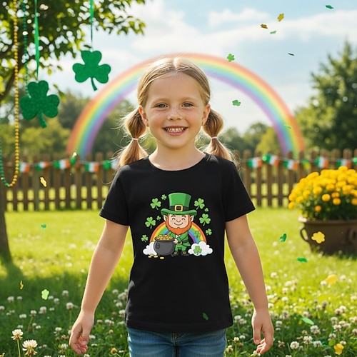 100% Baumwolle St. Patrick's Day Kinder Mädchen Blau Schwarz Weiß Grafik Kleeblatt St. Patricks Day T-Shirt Rundhalsausschnitt Kurzarm Urlaub Sport Outdoor Alltagskleidung Urlaub Neutral Lässig Image