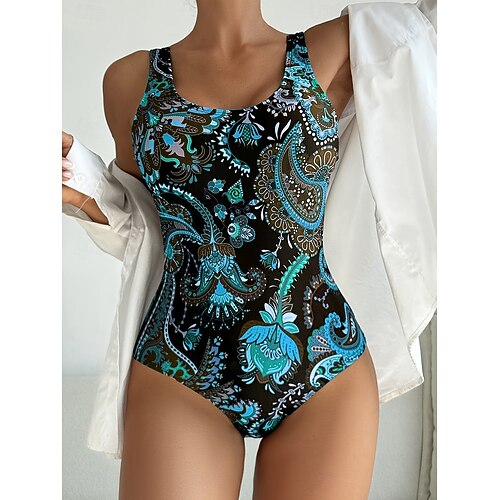 Damen Einteiler Badeanzug Figurschmeichelnd Boho Monokini Hoher Schnitt Bauchkontrolle Hohe Taille Schlank Rückenfrei Elegant Urlaub Paisley U-Ausschnitt Ärmellos Badeanzüge Image
