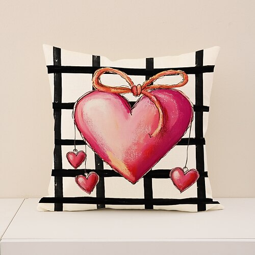 Herzförmiger Kissenbezug zum Valentinstag, schwarzer Cartoon-Katzenprint, festliche Schlafzimmerdekoration, niedliches herzförmiges Kissen für Bett, Sofa und Kopfteil, gemütliches Image