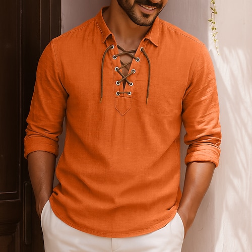 Herren Hemd Leinenhemd Wikinger-Stil Sommerhemd Strandbekleidung Einfarbig Lässig Täglich Weiß Orange Grün Leicht Blau Langarm Umlegekragen Frühling Bekleidung Kordelzug Image