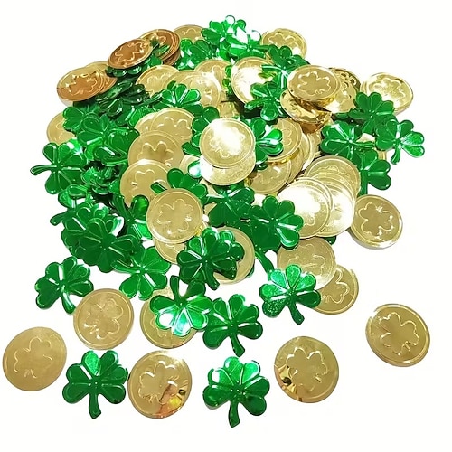 Tischdekorationen zum St. Patrick's Day, 100 Plastik-Glücksmünzen und 28 g Kleeblatt-Konfetti für Tischdekorationen und Gastgeschenke zum irischen St. Patrick's Day Image