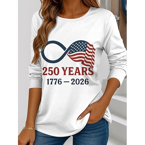 Unabhängigkeitstag Amerikanisches 250. Jubiläum Patriotisches Shirt Damen T-Shirt Grafik Flagge Stylisch Lässig Langarm Rundhals Reguläre Oberteile Täglicher Druck Blau Weiß Rot Sommer Frühling Image