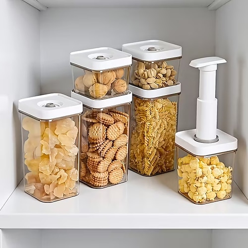 4-teiliges Set manueller Vakuum-Frischhalteboxen (3 Boxen 1 Luftpumpe), quadratisch aus ABS-Material mit Deckel, inklusive Luftpumpe als Ersatz für Kühlschrank-Aufbewahrungsboxen, geeignet für Obst, Image