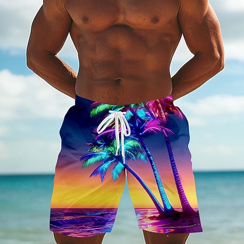 Herren Kokospalme Tropische Pflanzen Neonleuchten Badehosen Badeshorts Boardshorts Mittlere Taille Streetwear Hawaiianisch Urlaub Seitentaschen Netzfutter Elastischer Kordelzug in der Taille Designer Image