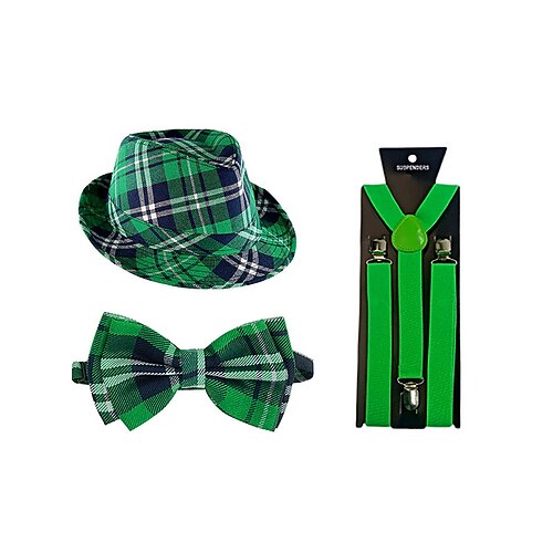 St. Patrick's Day Kostümset für Herren, bestehend aus grünem kariertem Hut, Fliege und Hosenträgern, aus Polyester mit verschiedenen Mustern, irisches Fest- und Partyoutfit für Herren Image