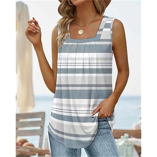 Damen Hemd T Shirt Patchwork Druck Einfarbig Blumen Grafik Elegant Stilvoll Klassisch Ärmellos U-Ausschnitt Normale Oberteile Täglich Ausgehen Wochenende Schwarz Weiß Rote Himmelblau Staubiges Blau Image