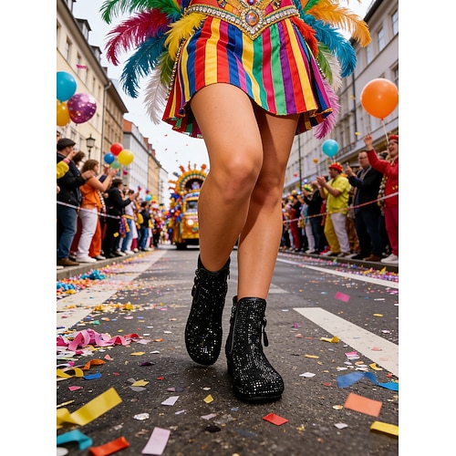 Damen Mardi Gras Rote Glitzernde Strass Knöchelstiefel - Festivalstil Slip-On Freizeitstiefel Ideal für Karnevalsumzüge Kostümpartys Straßenfeste Themenfeiern Image