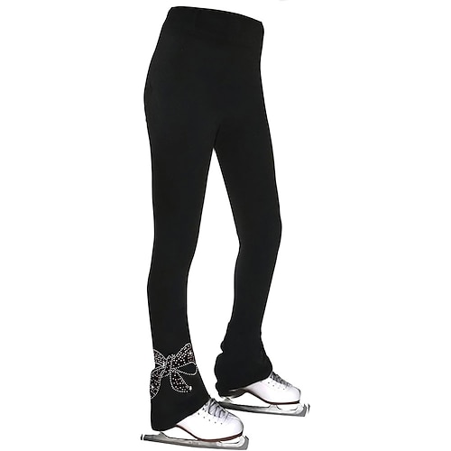 Eiskunstlaufhose für Damen und Mädchen, schwarz, dehnbar, Trainings- und Wettkampfbekleidung, wärmend, mit Kristall-/Strasssteinen Image