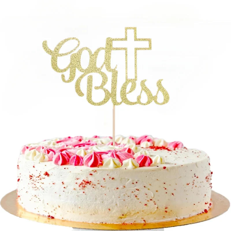 1 x Golden God Bless Cake Topper – elegante religiöse Dekoration für Kuchen und Cupcakes – schimmernde Taufe Image