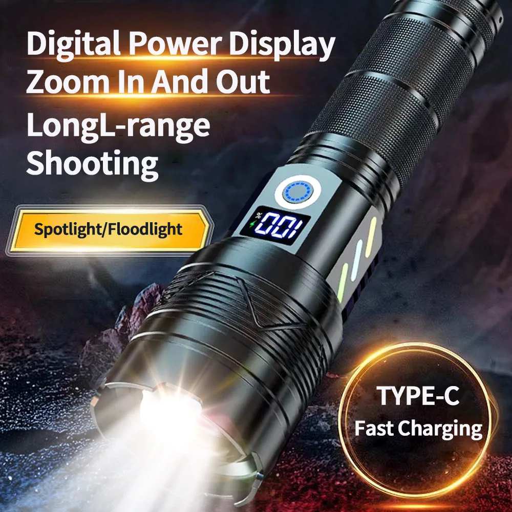 Starke Licht Taktische Taschenlampe Leistungsstarke LED Taschenlampe USB Aufladbare Outdoor Camping Lampe Long Range Zoom Laterne Power Display Image