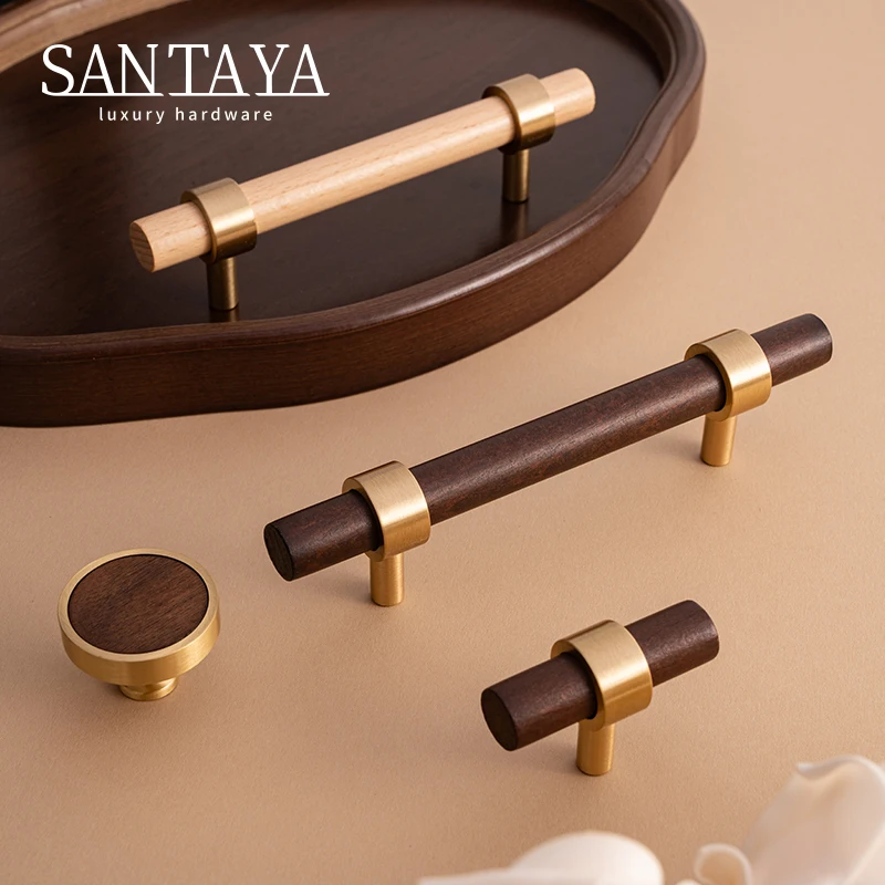 Santaya Nordamerikanischer Möbelgriff in schwarzer Walnussfarbe, Messing-Türgriffe, massive Holzknöpfe, T-Bar, Küchenschrank, Holzgriff